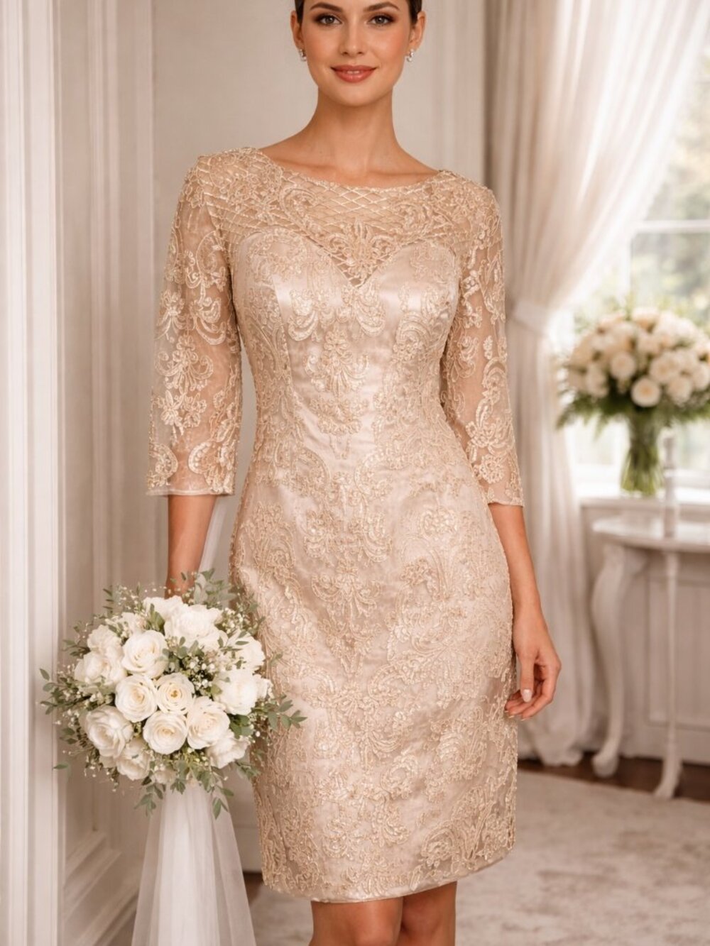NWT Benzde Champagne Floral Lace Wedding Sheath Dress 3/4 Sleeve Knee Length 12